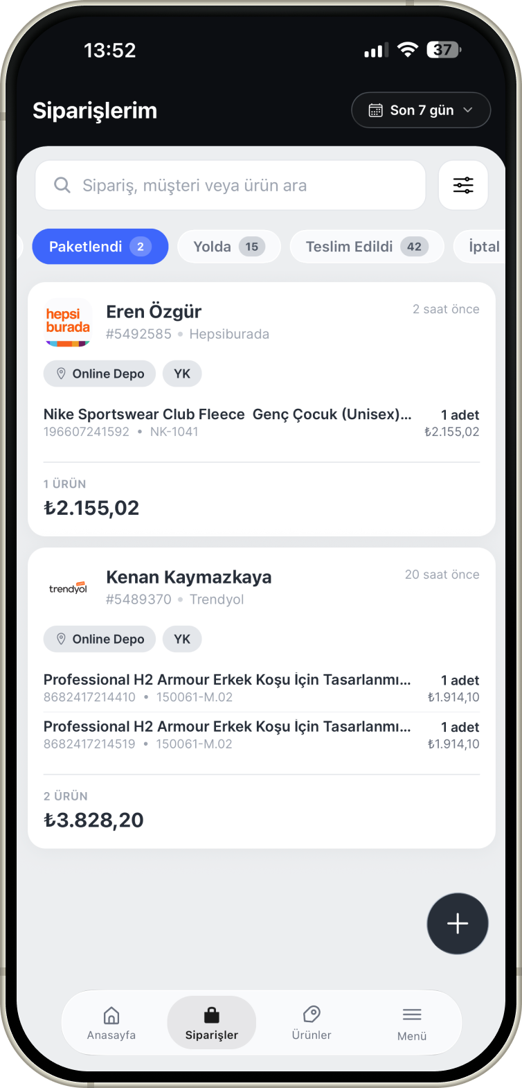 Labs Office mobil uygulama — Siparişlerim ekranı